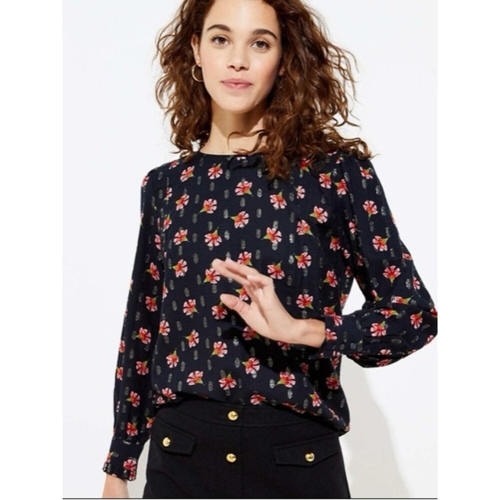 LOFT Black Floral Long-Sleeve Blouse Pintuck Detail SP